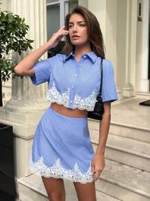 SHEIN Essnce Lace Patchwork Striped Crop Top And Skirt Set For Summer - Blue - View 3