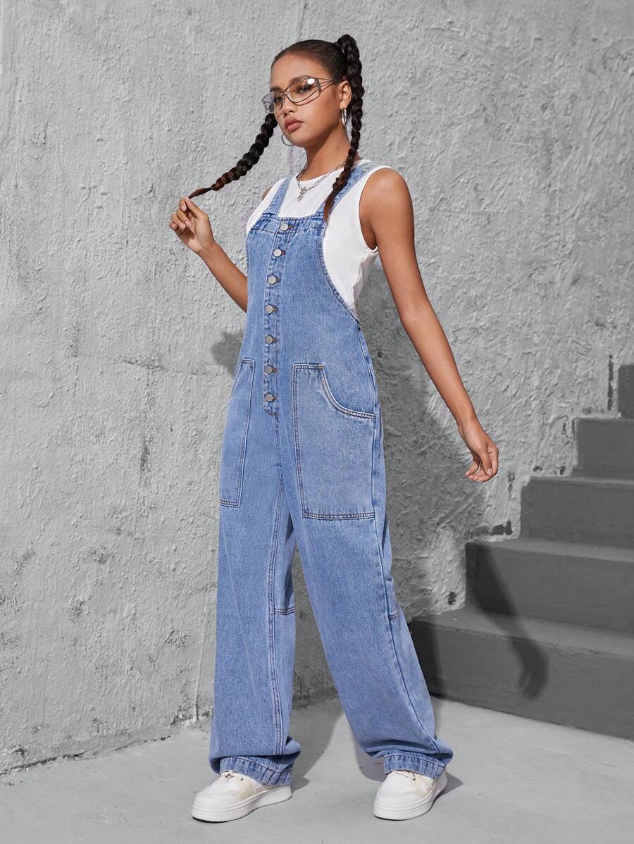 Teen Girl Basic Casual Daily Wear Mid-Blue Retro Washed Loose Straight Button Front Denim Overalls - Medium Wash - View 1