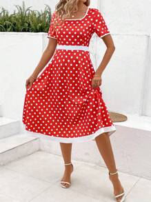 女士紅色波點方領簡約連衣裙 - 紅色 - 查看 6