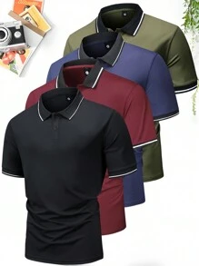 4pcs/Set Men's Summer Polo Shirts, Contrast Trim Short Sleeve Casual Sports Tops, For Golf - Multicolor - View 1