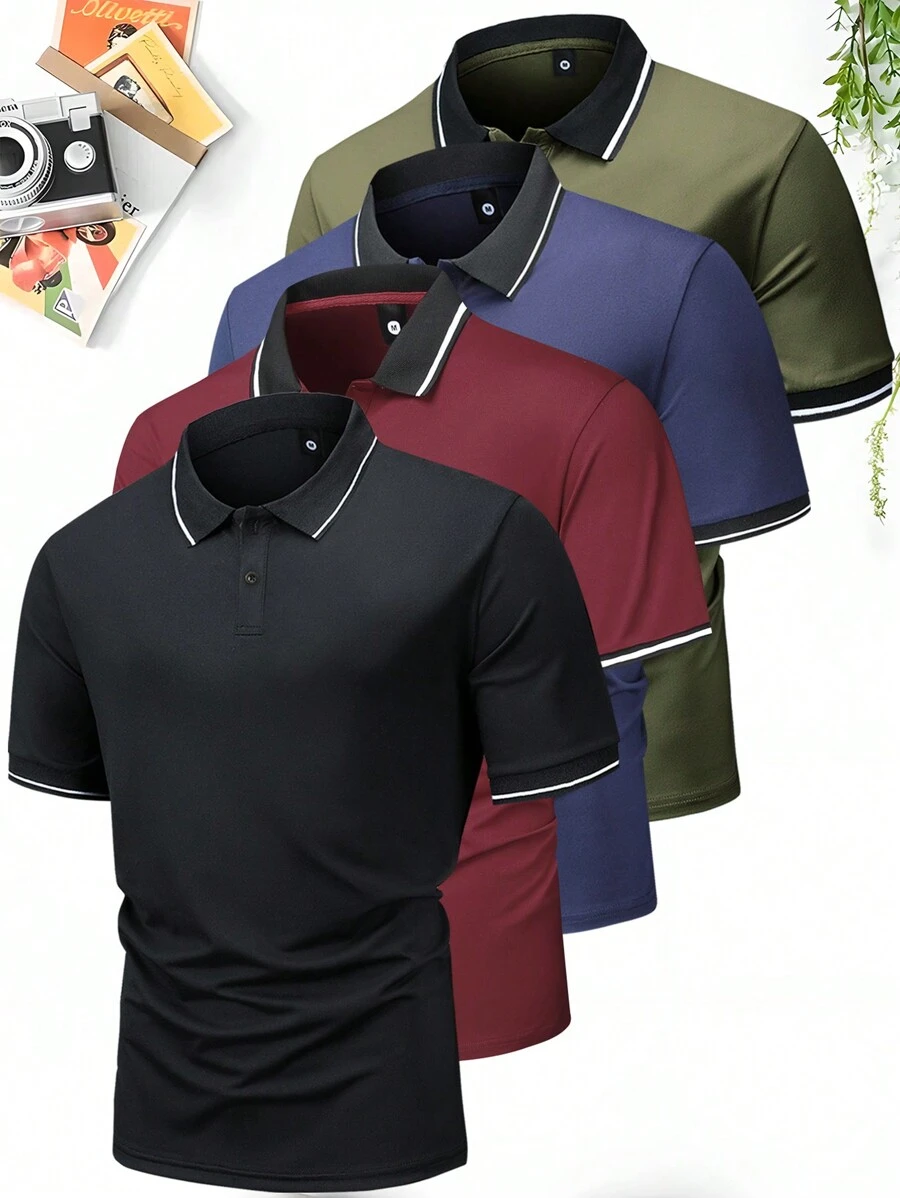 4pcs/Set Men's Summer Polo Shirts, Contrast Trim Short Sleeve Casual Sports Tops, For Golf - Multicolor - View 1