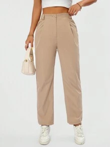 SHEIN PETITE Women Solid Color Daily Wear Casual Straight-Cut Long Pants - Khaki - View 4