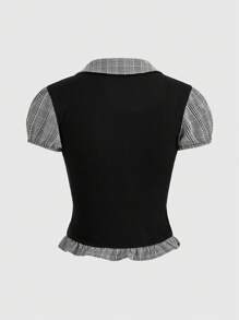 ROMWE Academia 学院风二合一黑灰格子拼接短袖上衣，适合春夏季、校园