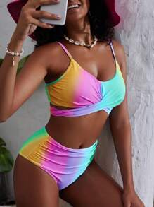 Swim Mod Women's Rainbow Ombre Ruffled Bikini Set For Summer Beach Vacation - Multicolor - View 5