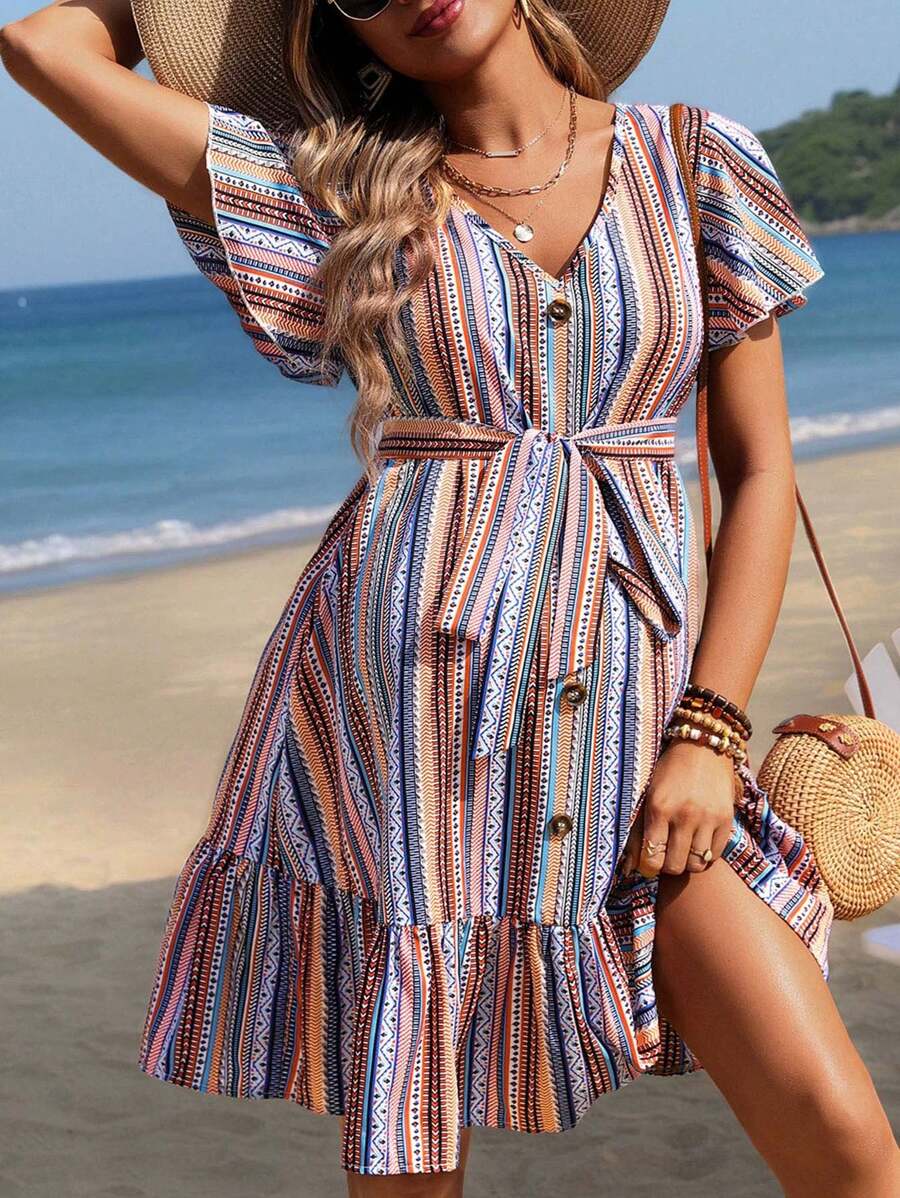 SHEIN Maternity Geometric Pattern Ruffle Hem Dress - Multicolor - View 1