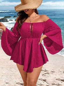 SHEIN Holidaya Cộng với kích thước màu trơn lệch vai Bộ áo liền quần viền bất đối xứng có dây rút - Màu Hồng Tươi - Xem 3
