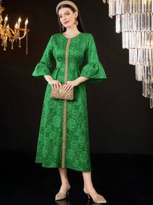 Al Najma Women's Jacquard Spliced Ribbon Detail Flared Sleeve Dress - Dark Green - View 6