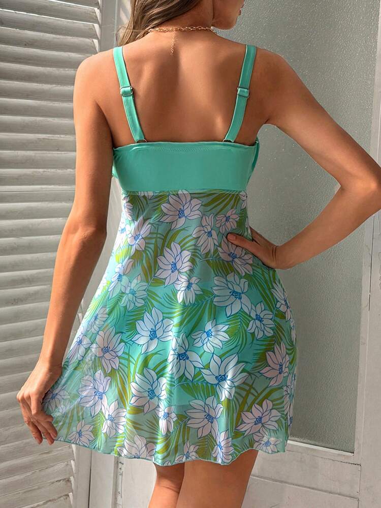 Summer Women Vacation Floral Print Frill Trim Camisole Tankini Top