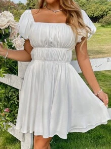 SHEIN Unity Vestido de verano casual de vacaciones con cuello cuadrado, mangas abullonadas con cintura atada - Blanco - View 1