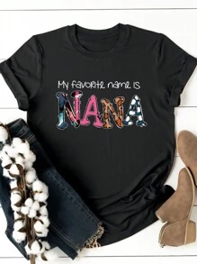 Calvaya Plus Size Printed Slogan Round Neck Short Sleeve T-Shirt, My Favorite Name Is NANA Graphic Tee, Women Summer Top - Black - View 1
