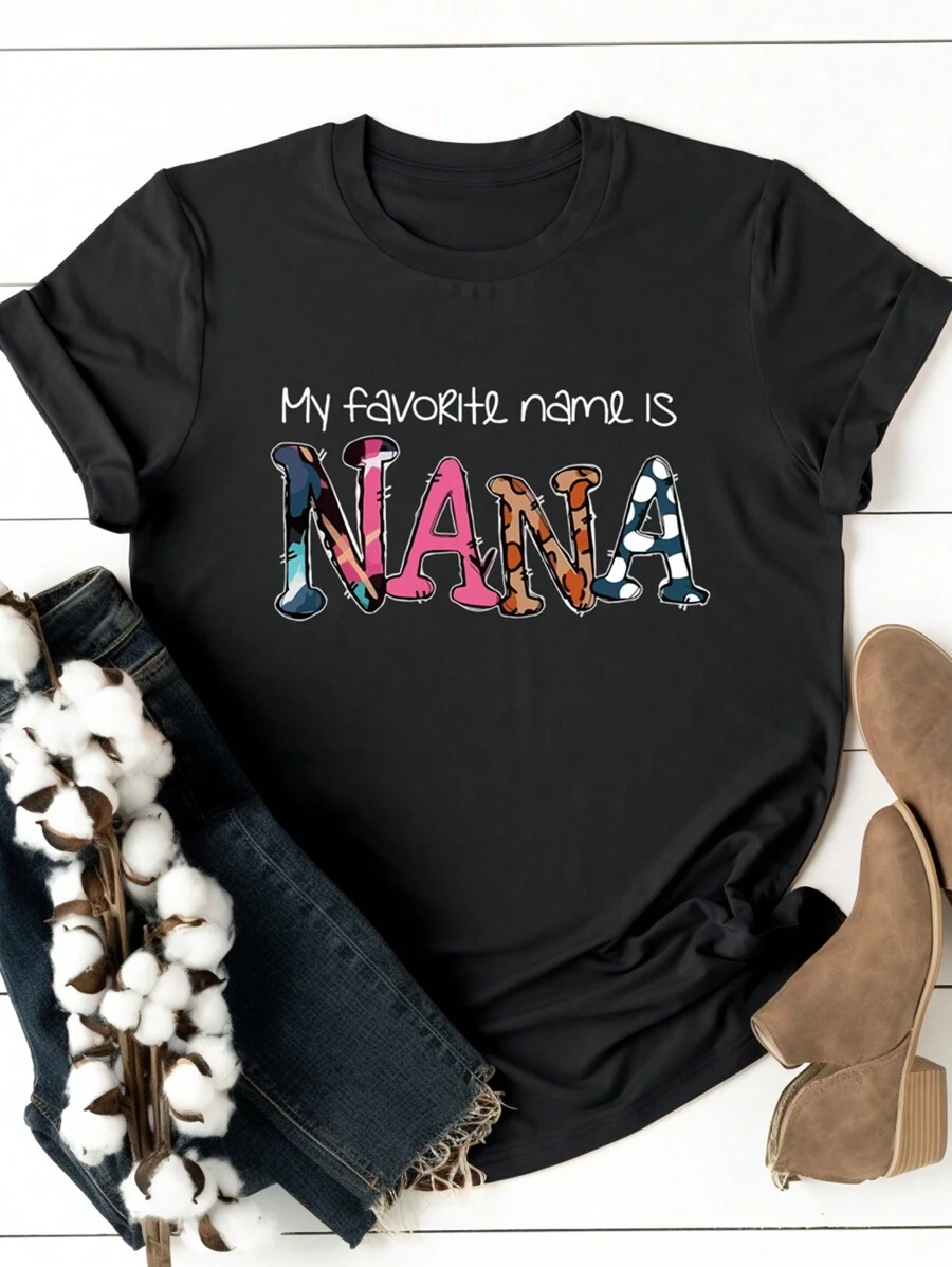 Calvaya Plus Size Printed Slogan Round Neck Short Sleeve T-Shirt, My Favorite Name Is NANA Graphic Tee, Women Summer Top - Black - View 1