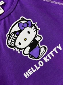 HELLO KITTY AND FRIENDS | SHEIN 青少女對比縫紉拉格蘭袖可愛休閒t卹夏季款 - 紫色 - 查看 9