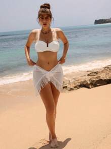 SHEIN Swim Ladies' Solid Color Underwire Bikini Set With White Fringe Sarong Summer Beach