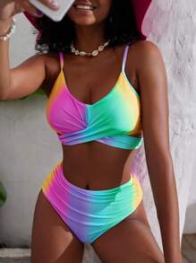 Swim Mod Women's Rainbow Ombre Ruffled Bikini Set For Summer Beach Vacation - Multicolor - View 1