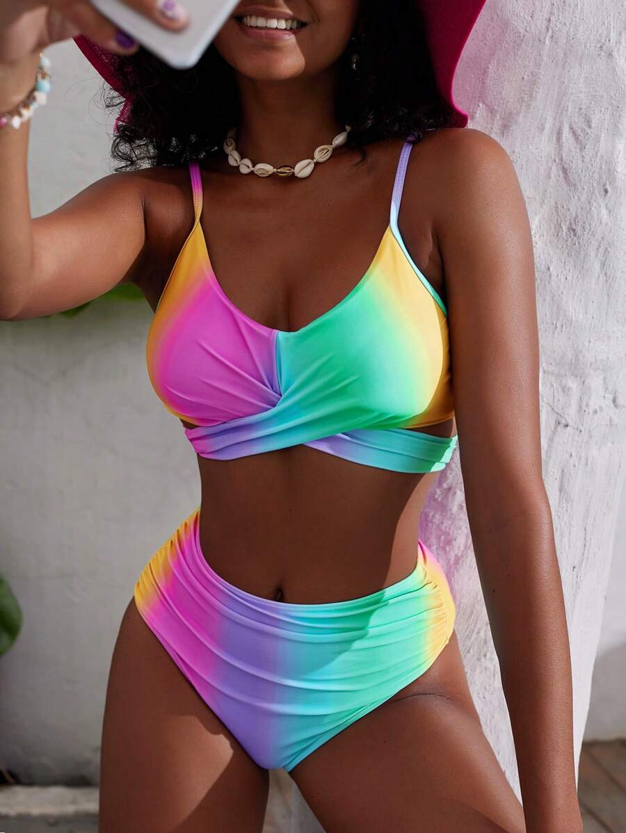 Swim Mod Women's Rainbow Ombre Ruffled Bikini Set For Summer Beach Vacation - Multicolor - View 1