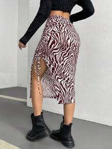 SHEIN EZwear Váy xẻ cao xếp li in hình ngựa vằn dành cho nữ - màu nâu - Xem 2