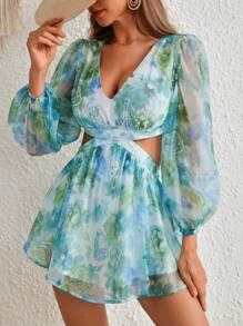 SHEIN VCAY Enterizo para mujeres con cintura alta y manga larga verde con encaje transparente para verano de vacaciones