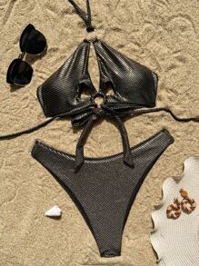 SHEIN Swim 夏季海灘環細節頸掛比基尼套裝兩件套 - 黑色 - 查看 2