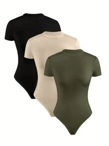 INAWLY Women's Summer Solid Color Short Sleeve Casual Bodysuit With Round Neck