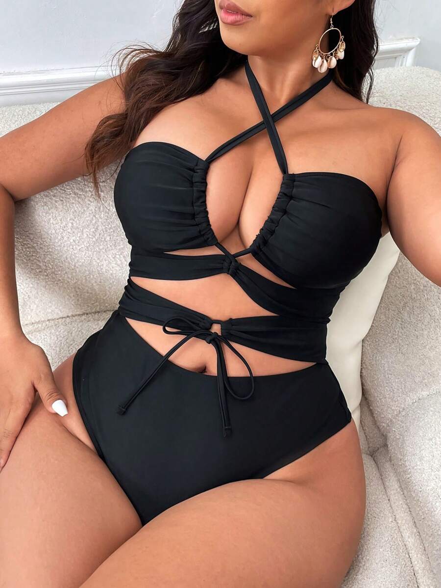 Swim SXY Plus Size Bãi biển mùa hè Cutout Crisscross Tie Front Halter Neck Áo tắm một mảnh