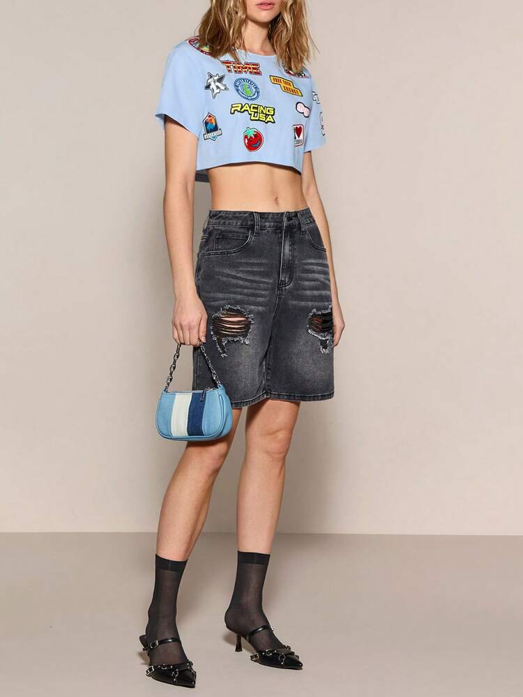 Women Badge Letter Print Cropped Top For Summer