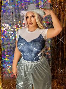 SHEIN SXY Plus Size damski, dżinsowy, z nadrukiem kieszeni, kontrastowa siateczka, seksowny kombinezon, odpowiedni na lato, randkę, urodziny, wieczór panieński, swobodny, zakupy, odzież uliczną, wyjścia, wakacje, plażę, łatwy do dopasowania i wygląda szczupło, podkreśla figurę