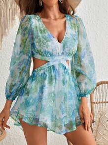 SHEIN VCAY Enterizo para mujeres con cintura alta y manga larga verde con encaje transparente para verano de vacaciones
