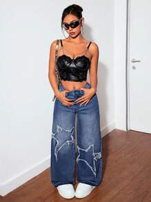 SHEIN PETITE NỮ Giải trí Denim Quần jean Với quần ống rộng , Năm cánh Ngôi sao Patch Và Túi - Màu xanh lam - Xem 4