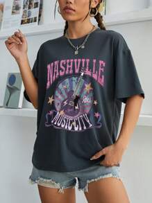 INAWLY 女士宽松休闲吉他和纳什维尔字母图案短袖 T 恤，适合音乐节、春夏季 - 深灰色 - 查看 3