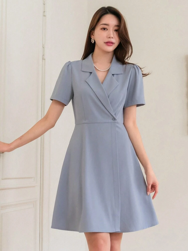 Summer Elegant Short Sleeve Cinching Waist Blazer Wrap Dress With Collar Sundress
