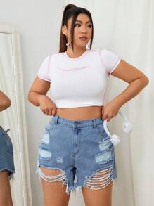 SHEIN EZwear Plus Size Light Washed Blue Distressed Sexy Mini Shorts - Light Wash - View 1