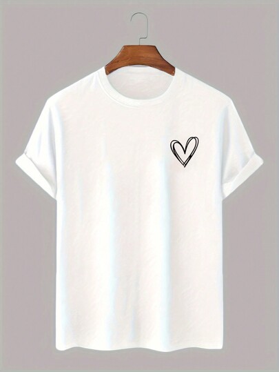 Herren elastisches, bequemes T-Shirt mit einfachem Herzprint und Rundhalsausschnitt