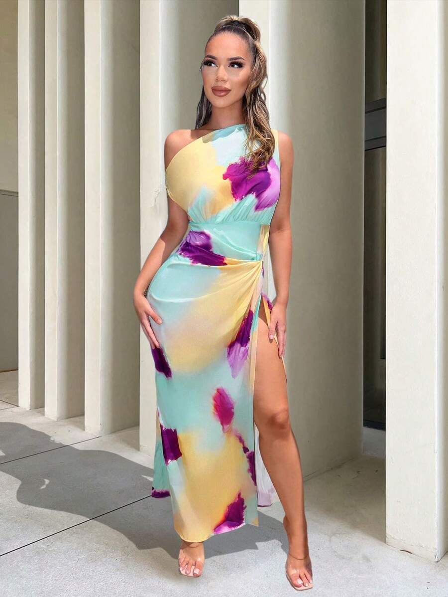 Zolique Tie-Dye Asymmetric Neck Twist Front High Slit Dress - Multicolor - View 1