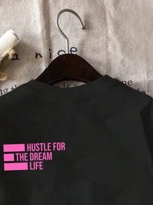 SHEIN EZwear 休闲简约英文口号图案圆领短袖修身大码女式 T 恤，适合夏季 - 黑色 - 查看 3
