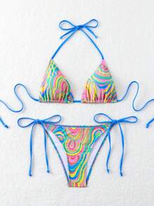 SHEIN Swim Ladies Fashionable Colorful Fluid Print Separated Bikini Set Swimming Costume (Random Print), Summer Beach - Multicolor - View 3