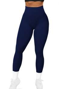 SHEIN Core Rhythm Quần legging bó cạp cao liền mạch dành cho nữ - Quần legging nâng mông co giãn 4 chiều, mềm mại, nhanh khô, thoáng khí, dùng để đi bộ đường dài, chạy xe đạp, tập yoga, bóng chày, thường ngày, màu xanh navy - Màu xanh hải quân - Xem 2
