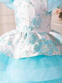 SHEIN Young Girls' Cute Floral Jacquard Patchwork Organza Ruffle Layered Dress