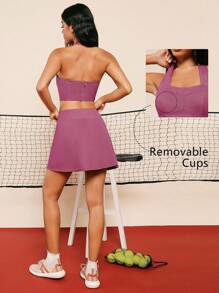 VARSITIE Sports Tennis Basic Chest Cup With TANK TOP AND SKIRT SET - Hot Pink - View 1
