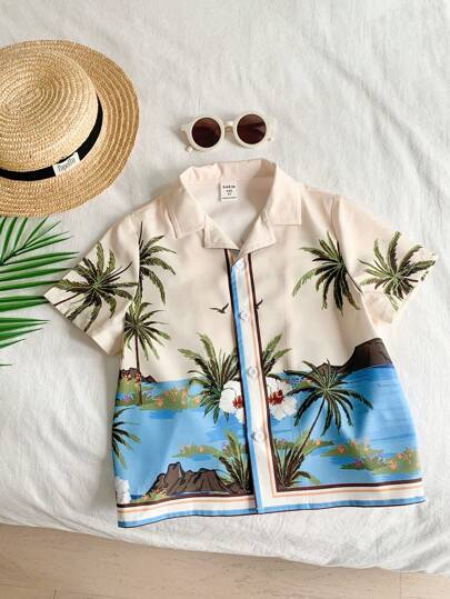 Camisa casual de manga corta y diseño impreso para jóvenes, con plantas tropicales, árboles de coco y rayas oceánicas. Perfecta para la playa, diario, escuela, viajes y deportes, adecuada para las temporadas de primavera y verano.