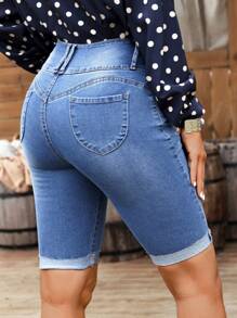 SHEIN LUNE Summer Slim Fit Distressed Denim Shorts - Light Wash - View 2