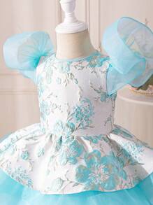 SHEIN Young Girls' Cute Floral Jacquard Patchwork Organza Ruffle Layered Dress