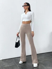 SHEIN Tall Women's Solid Color Flare Leggings - Beige - View 3