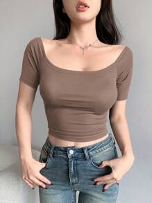 DAZY Solid Color Off Shoulder Short Sleeve Crop Top For Women Summer - Mocha Brown - View 3