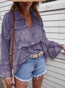 EURMUSE Allover Print Tie Neck Flounce Sleeve Ruffle Trim Blouse - Purple - View 5