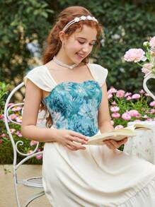 Teenage Girls Elegant Solid Color Printed Splicing Dress Suitable For Spring - Multicolor - View 4