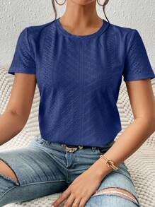 SHEIN Frenchy Blusa branca sólida com bordado de ilhós e gola redonda - Azul Royal - Visão 6