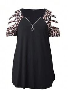 Plus Size Casual V-Neck Leopard Patchwork Zip-Up T-Shirt Black Summer - Black - View 3