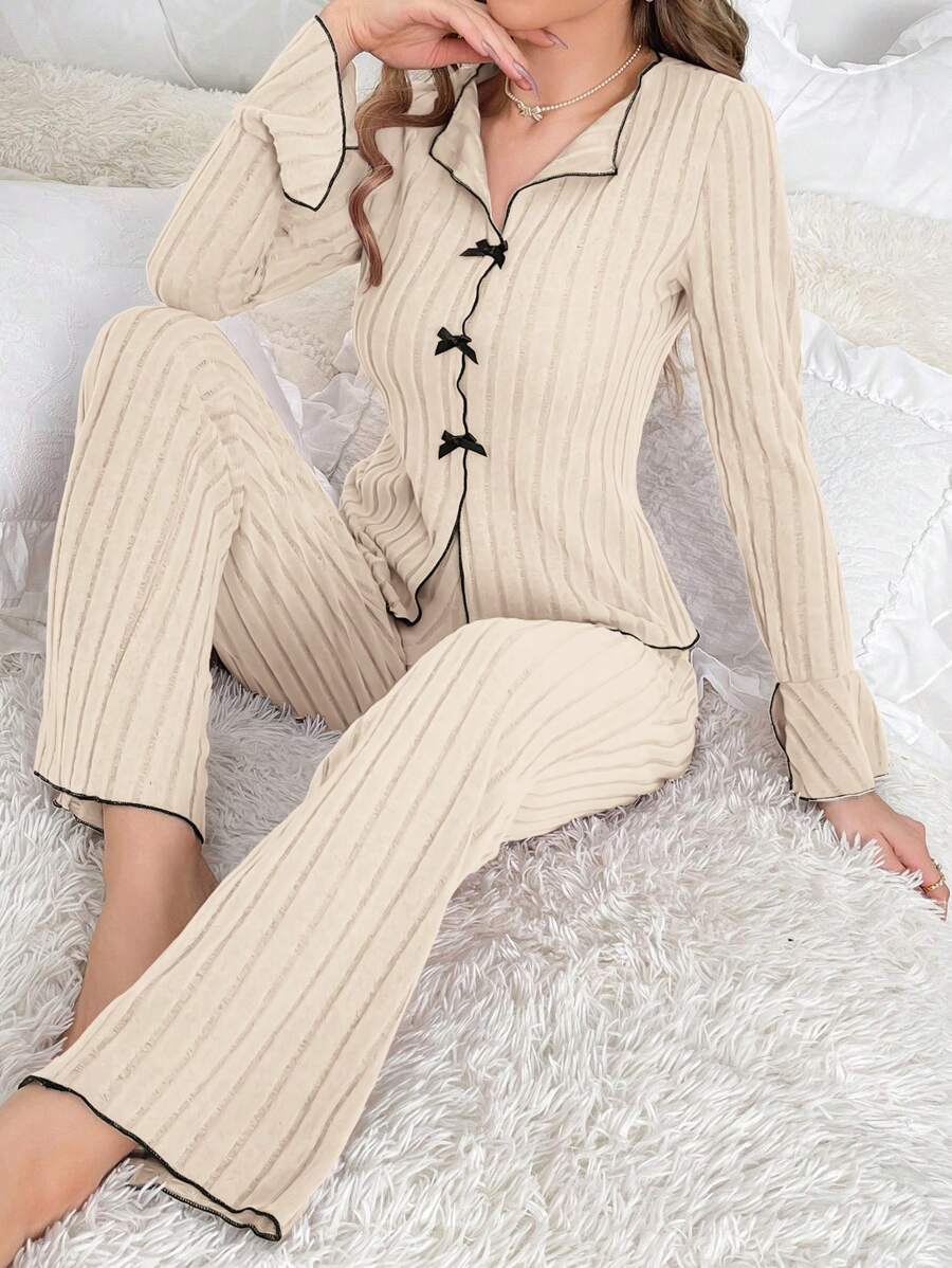Women Fashionable And Sweet Home Bow Design Comfortable Pajama Set Lounge Set - Apricot - View 1
