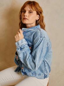 SHE(IN) BRASIL Flap Pocket Button Front Denim Jacket - Rửa nhẹ - Xem 4
