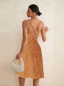 GENKIRA 全印花高衩無背系帶夏季背心裙 - 棕色 - 查看 2